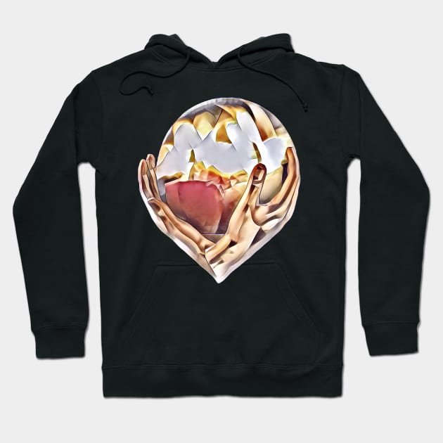 Hands holding a fireball. Cubism Hoodie by Evgeniya